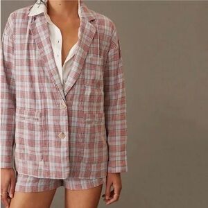 Maeve By Anthropologie M Blue Plaid Preppy Academia Linen Blend Relaxed Blazer